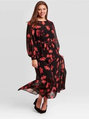 Ava & Viv Black Maxi Dress with Red Floral Print 1X